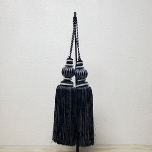 A Set of Black and Silvertone Tassel Curtain Accents with Sculptural Design, 18"